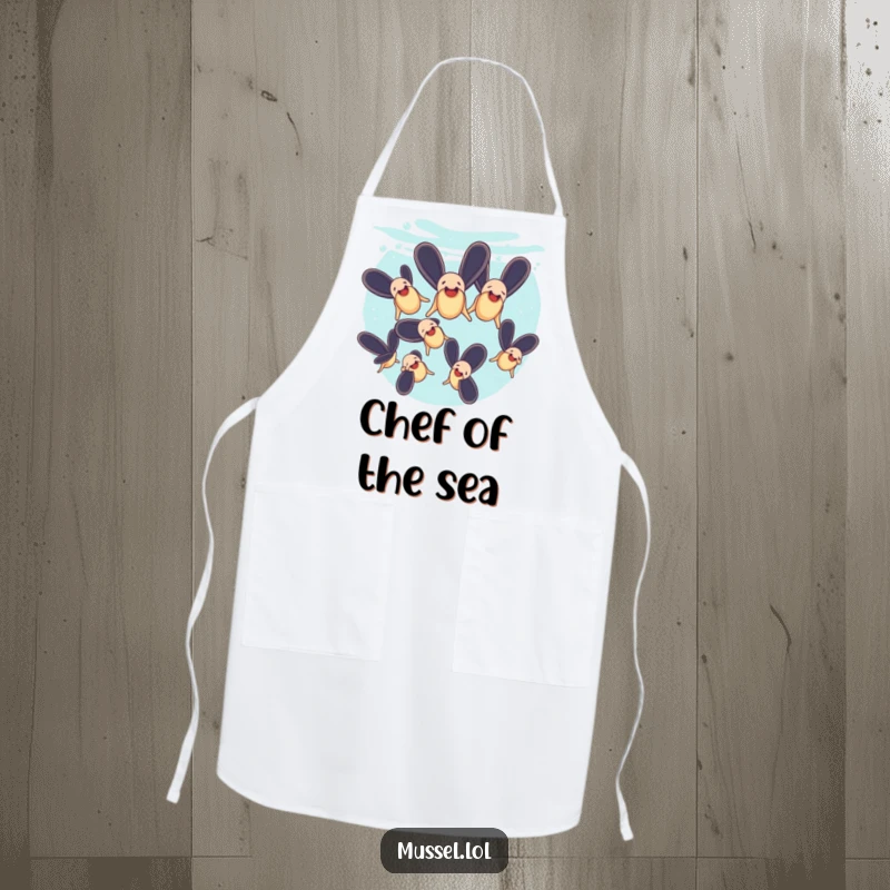 Funny apron illustrating mussels performing a synchronized swimming routine underwater, adding kitchen humor.