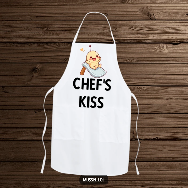 Funny mussel apron featuring a character gleefully sliding down an imaginary slide while cooking, adding humor to the kitchen.