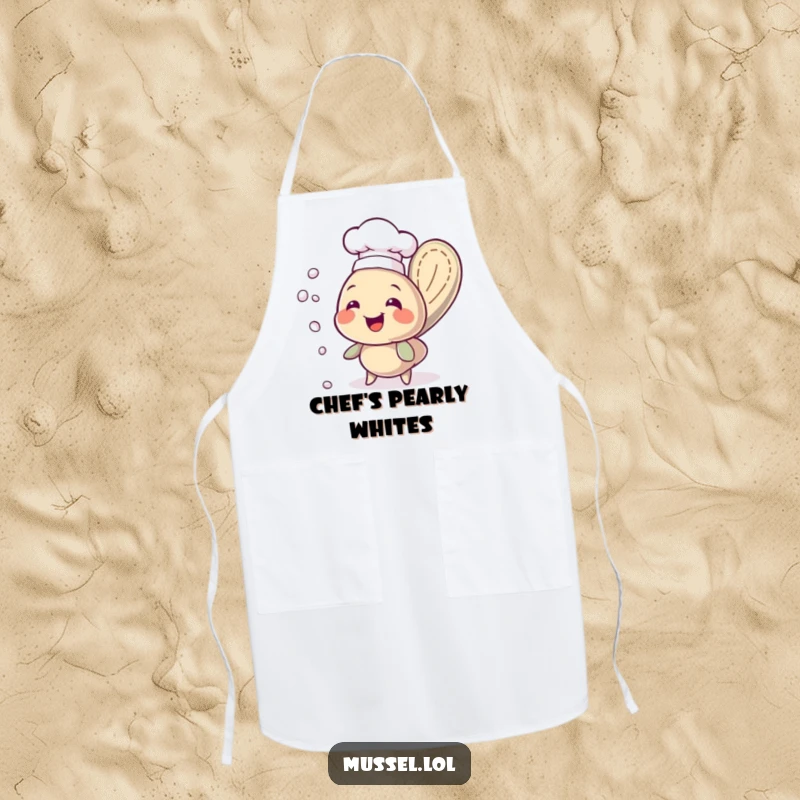 Funny chef mussel in a hat, juggling pearls, printed on a practical kitchen apron, ready for culinary adventures.