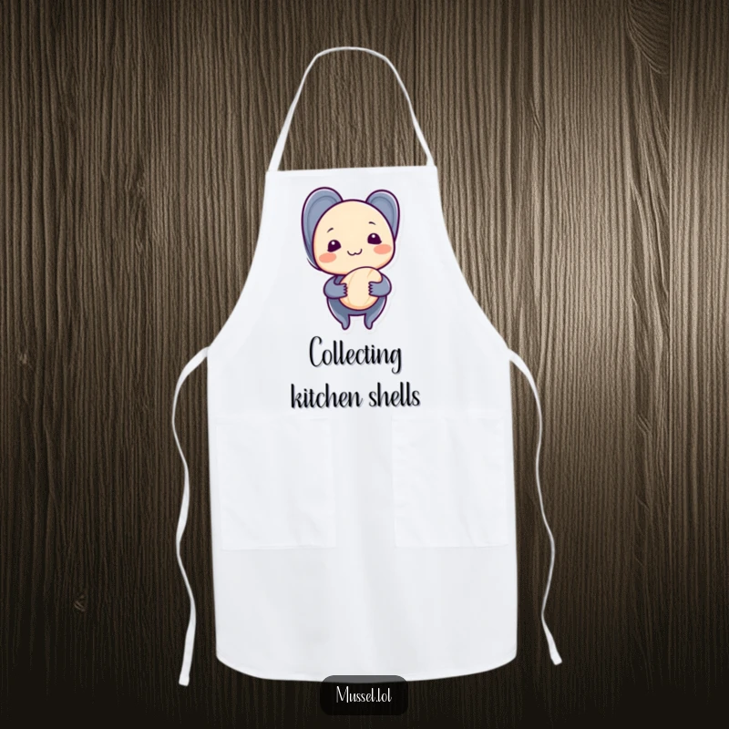 Funny mussel with a shy grin, holding a seashell, on a durable apron, perfect for sweet kitchen moments.