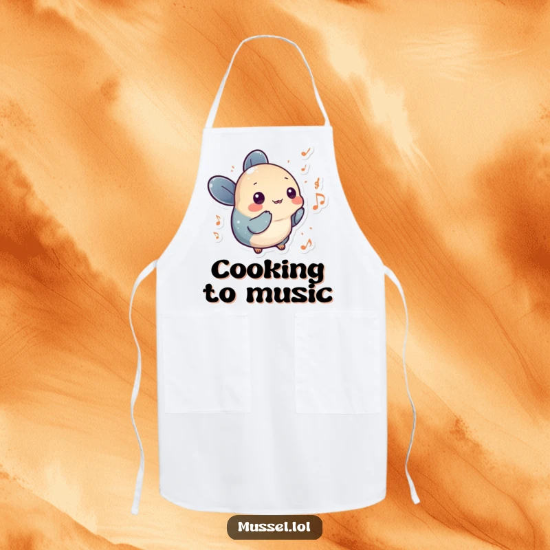 Funny mussel character surrounded by musical notes, depicted on a kitchen apron for humorous cooking.
