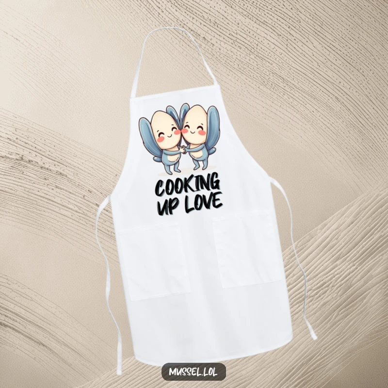Funny mussel apron with a pair of sweet mussels holding hands, smiling, designed for kitchen fun.