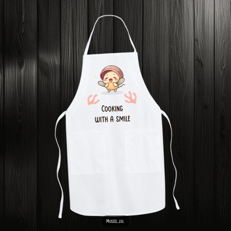 Funny apron featuring a mussel character giggling while tickled by a sea anemone, perfect for kitchen fun, a funny gift.