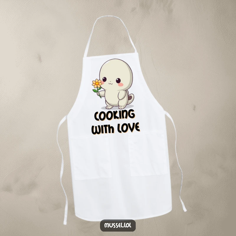 Funny Mussel Apron: A shy mussel offering a tiny flower with a bashful smile, bringing a touch of sweet, funny charm to the kitchen.