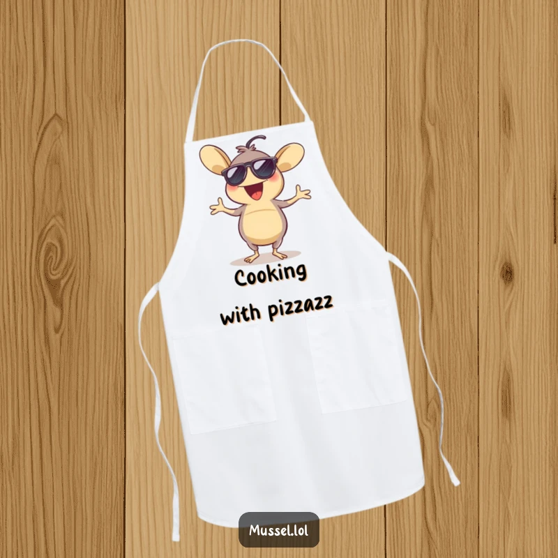 Funny apron showing an excited mussel wearing sunglasses and dancing a jig, perfect for a humorous and practical kitchen statement.