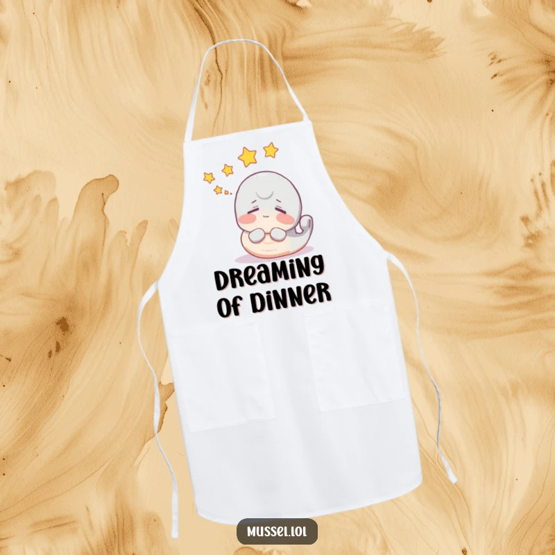 Funny mussel apron with a dreaming character surrounded by stars, designed for imaginative culinary adventures.