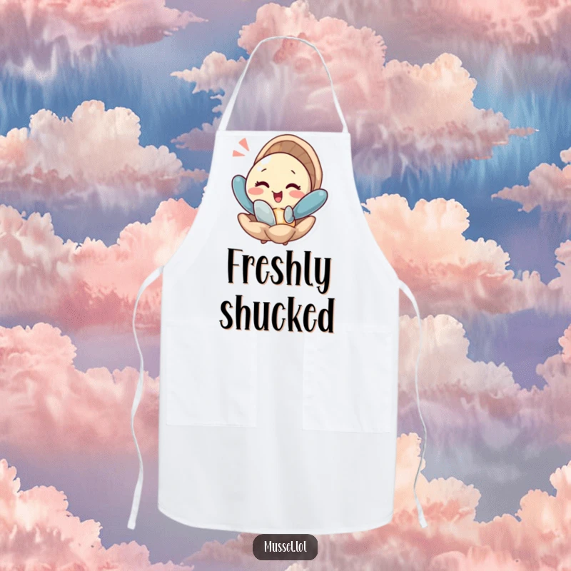 Funny apron with a mussel winking as it pops out of its shell with a flourish, perfect for a cheerful cooking experience.