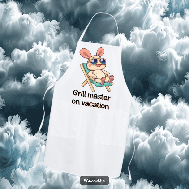 Funny Mussel Apron with a mussel character wearing sunglasses on a beach chair, making cooking feel like a vacation, a great funny gift.