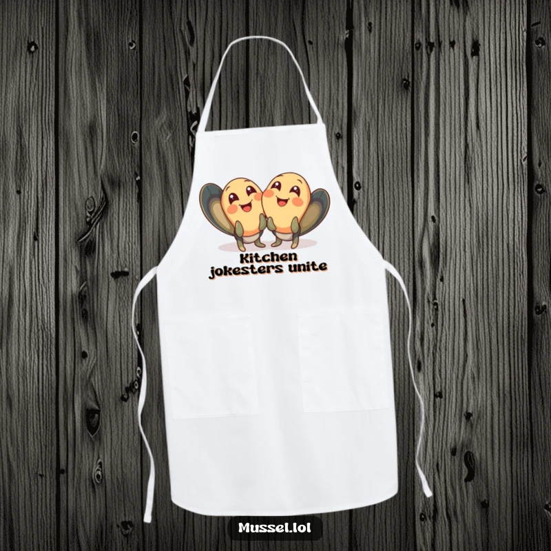 Funny mussel apron with two mussels giggling with wide, joyful eyes, ideal for kitchen fun and humor.