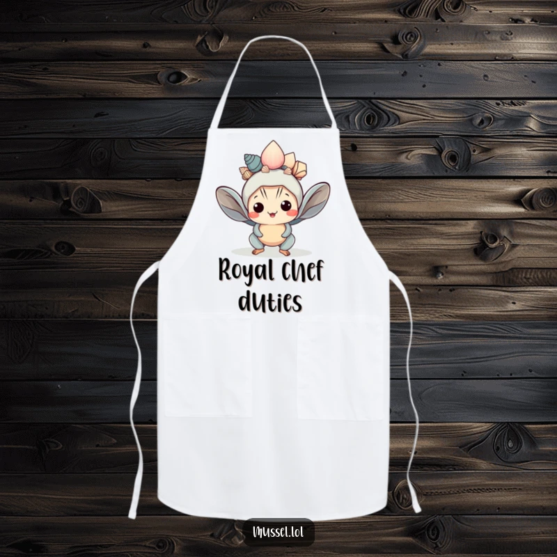 Funny Kawaii Mussel Apron: A cute mussel character wears a shell crown, making this a humorous and functional kitchen accessory.