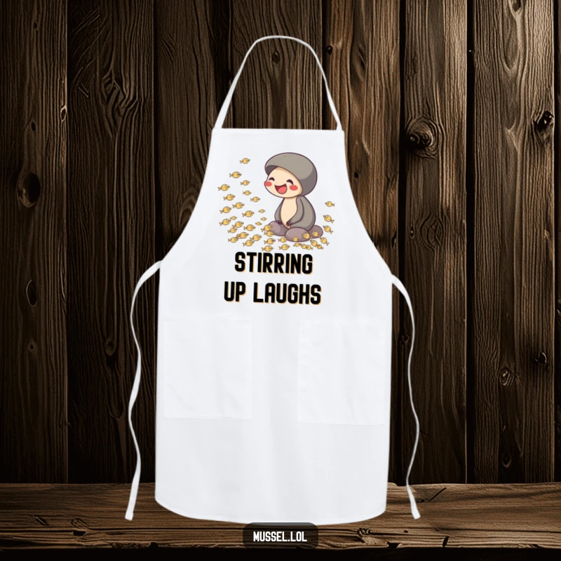 Funny apron with a mussel laughing heartily while watching tiny fish swim in a circle, perfect for a cheerful kitchen.