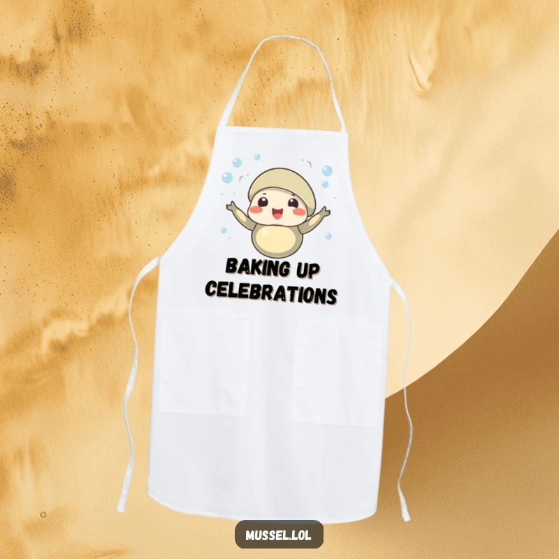Funny apron depicting a happy mussel character with tiny bubbles rising around it, a humorous and functional kitchen accessory.