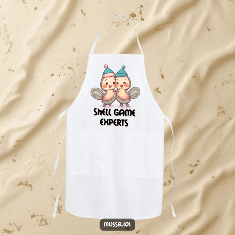 Funny mussels wearing jaunty caps, bumping shells playfully, on a durable apron, perfect for cooking buddies.