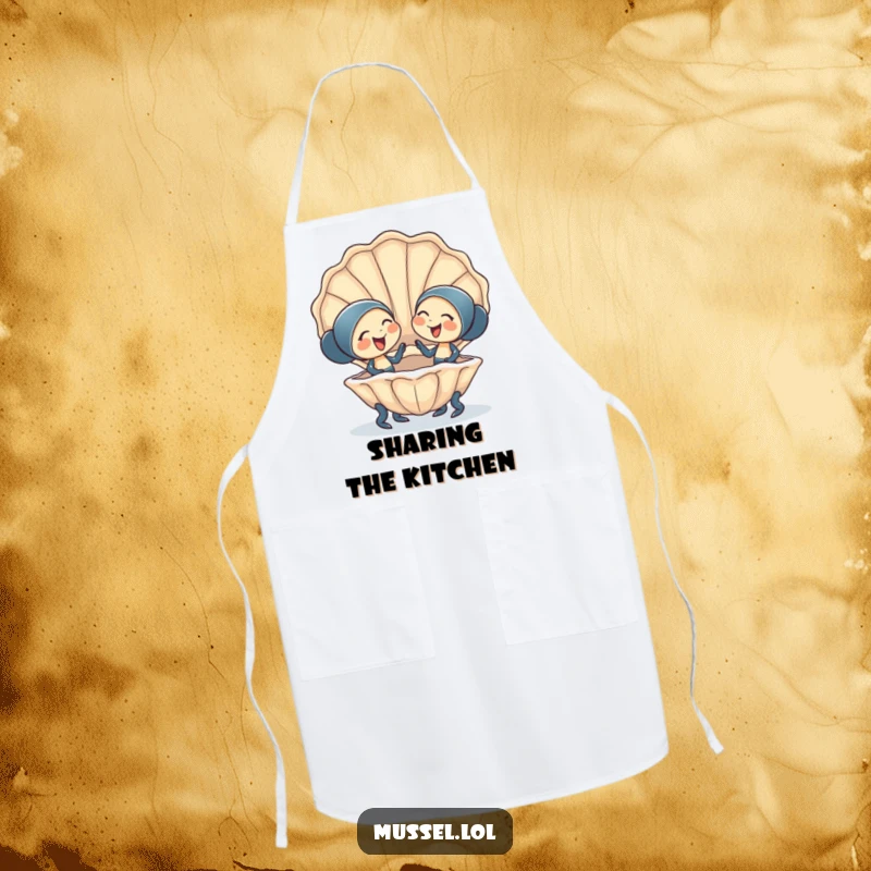 Funny Apron: Two happy mussel characters giggling in a giant clam shell, perfect for cooks who love friendship humor.