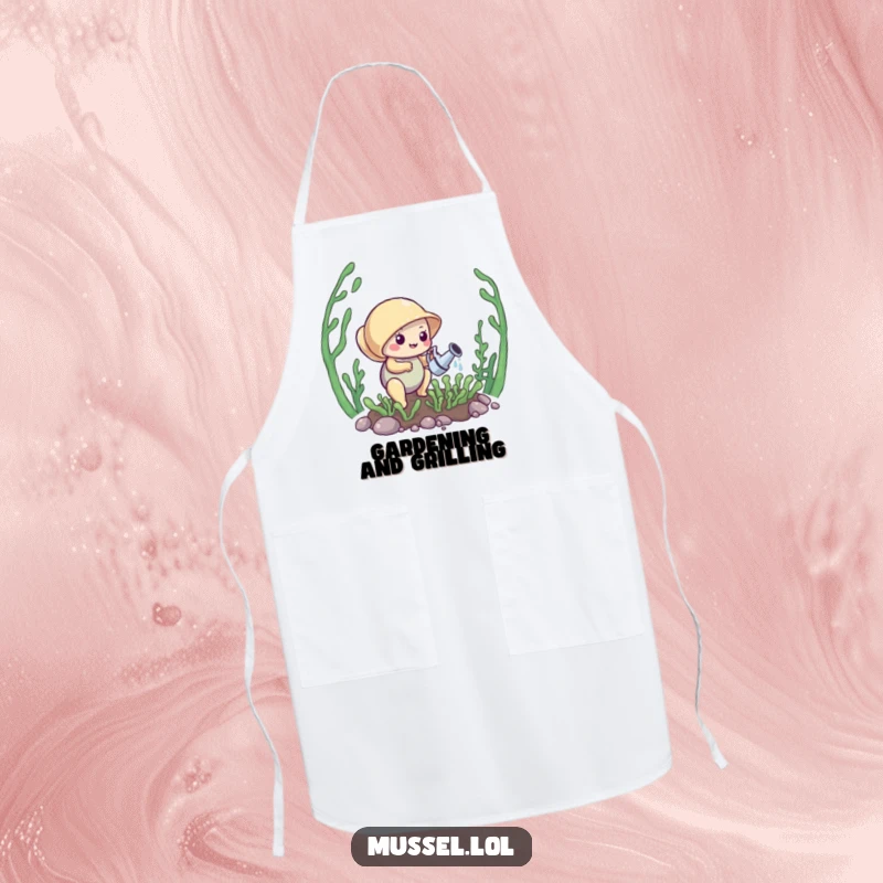 Funny Mussel Apron: A mussel diligently waters a small kelp garden, a charming and functional accessory for garden chores.