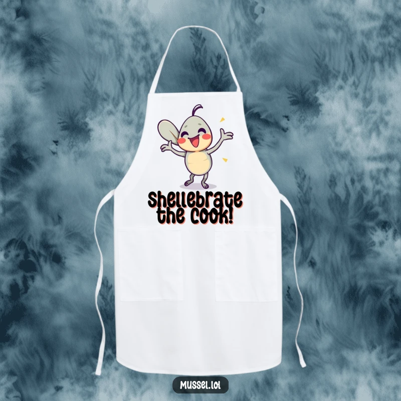 Funny Mussel Kitchen Apron: A mussel character doing a silly, energetic dance with its shells, bringing humorous flair to cooking.