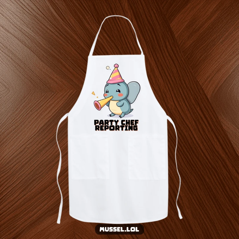 Funny Mussel Party Apron: A cheerful mussel character in a party hat blows a party horn, humorous kitchen attire.