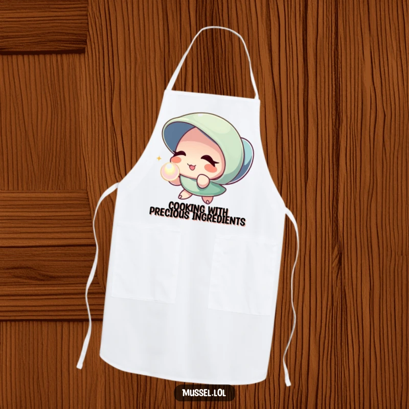 Funny Mussel Pearl Wink Apron: A stylish apron featuring a mussel character winking and offering a pearl, ideal for kitchen tasks and baking.