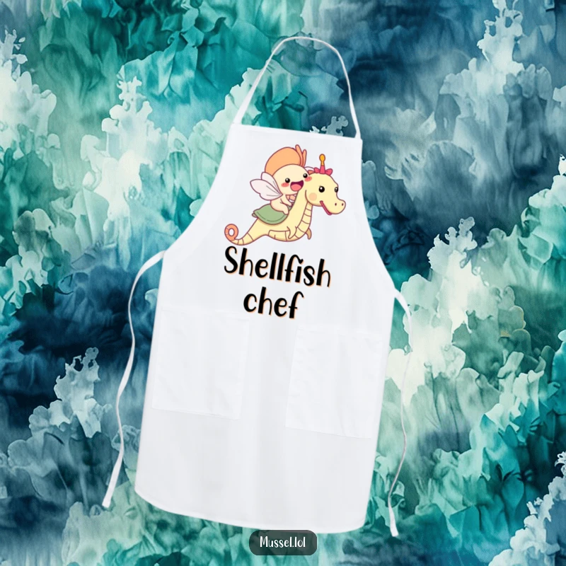 Funny mussel character riding a seahorse apron, ready for a culinary adventure.