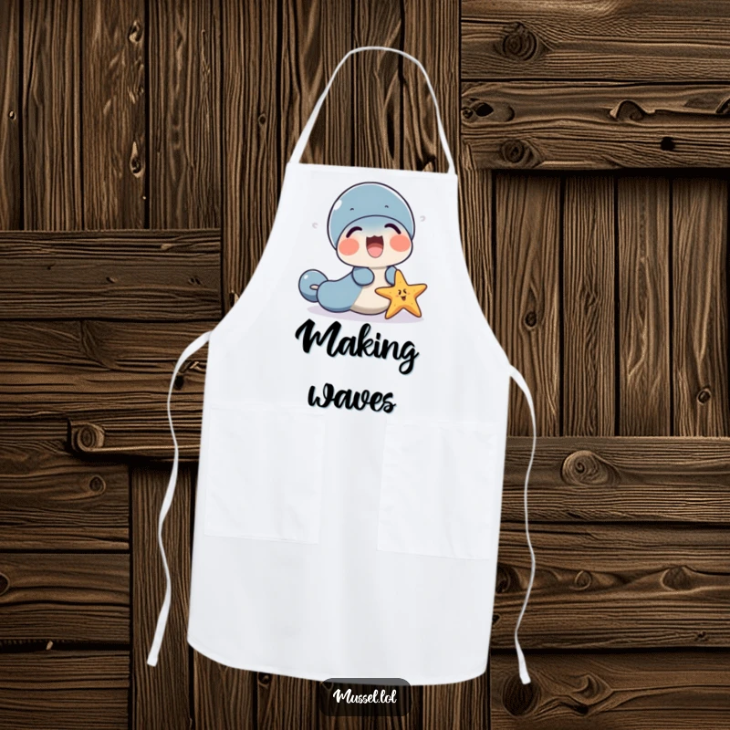 Funny mussel character and a starfish apron, sharing a laugh, ready for kitchen fun.