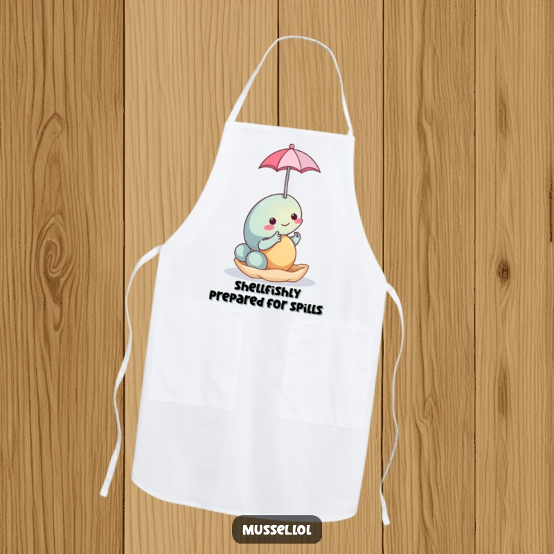 Funny Mussel Umbrella Apron: A practical apron showcasing a mussel character balancing a tiny umbrella, ready for kitchen fun and messes.