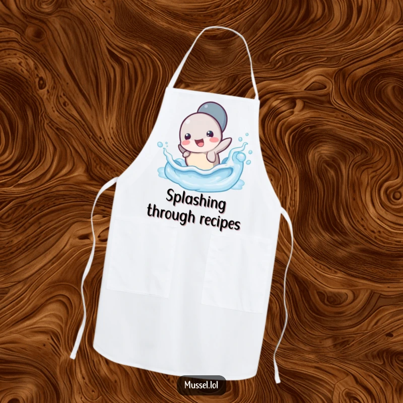 Funny Mussel Wave Splash Apron: A stylish apron featuring a mussel character splashing playfully in a tiny ocean wave, perfect for kitchen adventures.