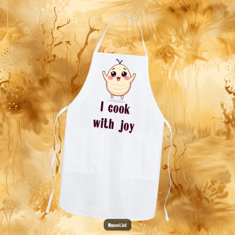 Funny plump mussel character with wide eyes jumping with pure excitement, a practical and humorous apron.