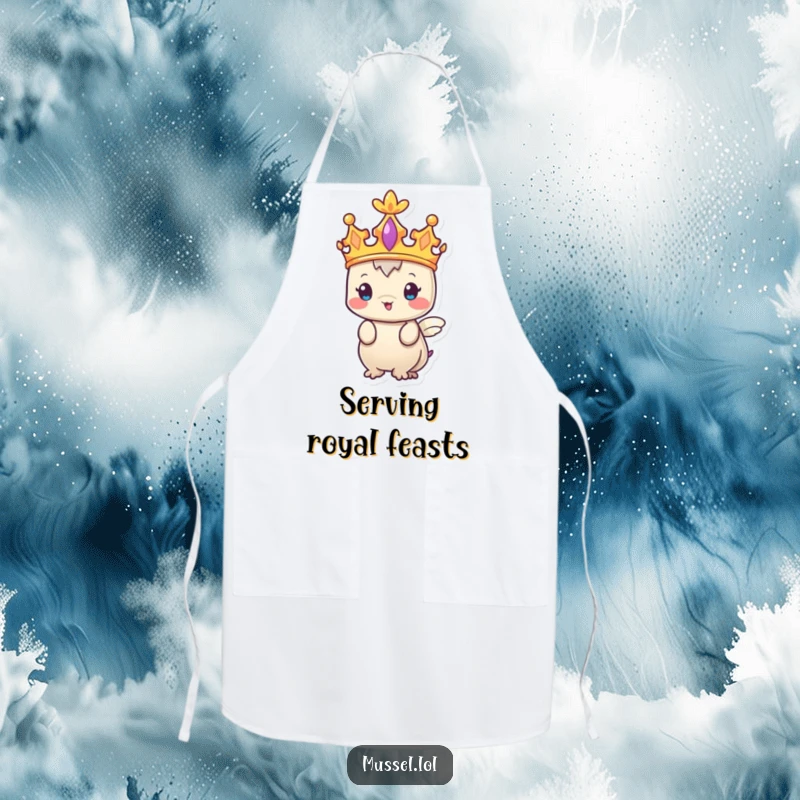 Funny Mussel Apron showing a regal character in a tiny crown, perfect for humorous kitchen adventures.