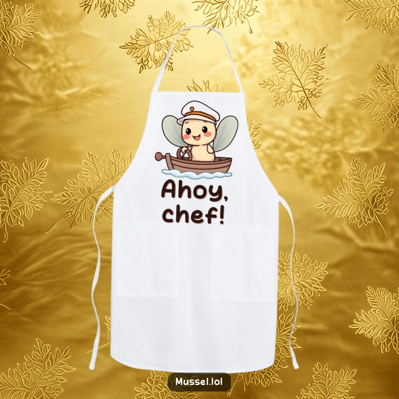 Funny Apron: A smiling mussel character in a sailor hat steering a boat, perfect for captains of the kitchen.