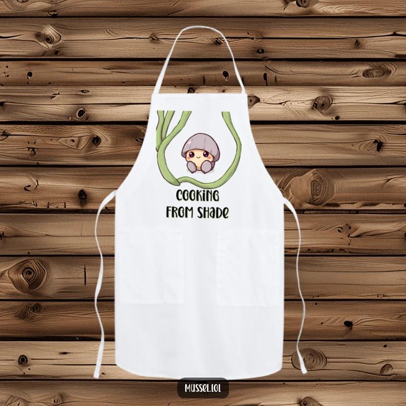 Funny apron showcasing a shy mussel character peeking from under a seaweed frond, perfect for gentle kitchen tasks.