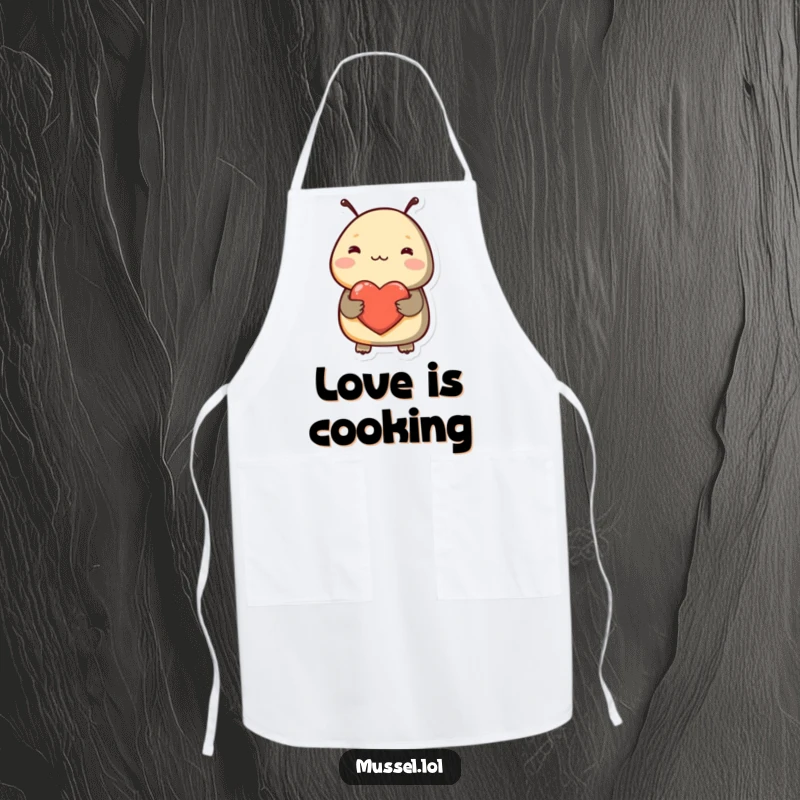 Funny apron showing a shy mussel blushing and holding a heart, perfect for a humorous and sweet kitchen statement.