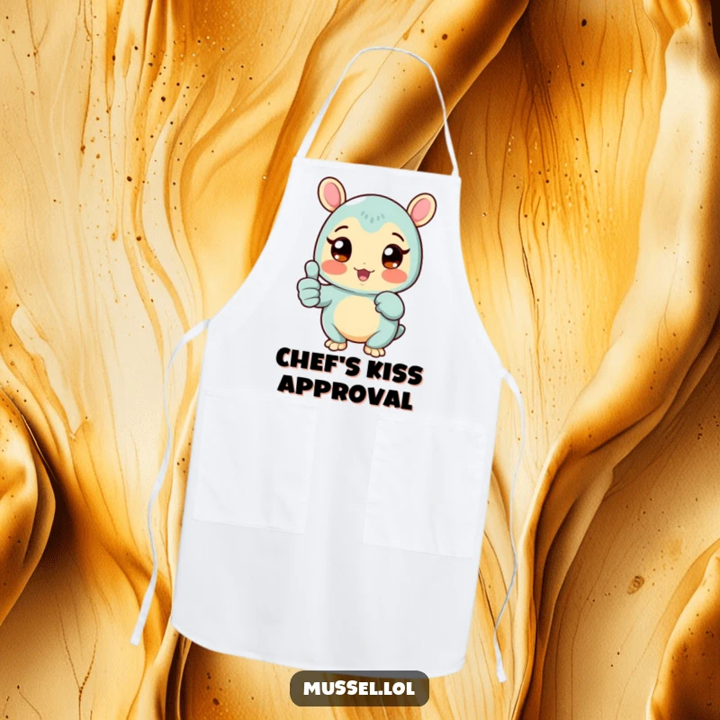 Funny Mussel Apron with a rosy-cheeked mussel character giving a thumbs up, making kitchen tasks a positive experience, a great funny gift.
