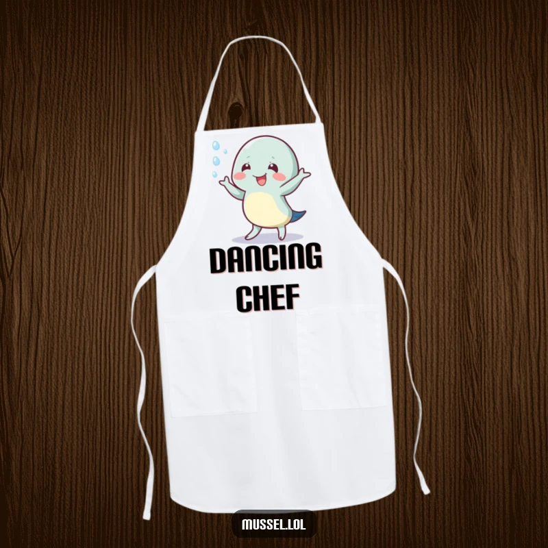Funny apron showcasing a mussel character doing a happy wiggle dance, surrounded by water droplets, ready for cooking.