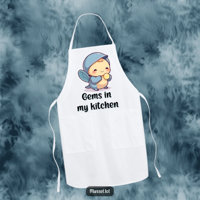Funny kitchen apron with a mussel character holding a small, shiny pearl, ideal for chefs who enjoy elegant humor.