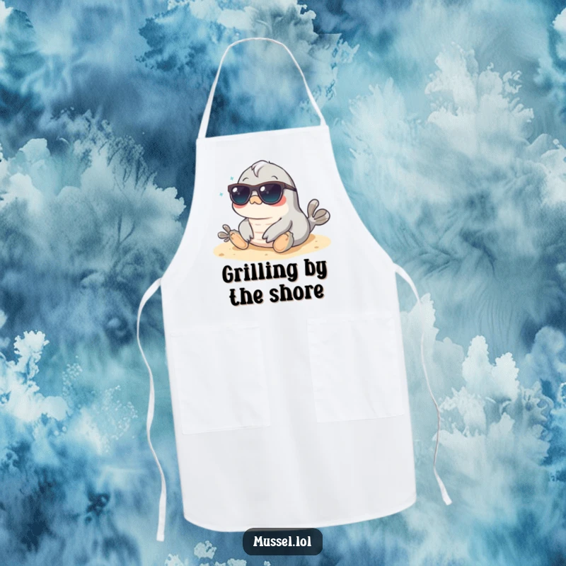 Funny Mussel Apron: A mussel wearing sunglasses relaxes on the beach, a humorous and practical accessory for outdoor cooking.