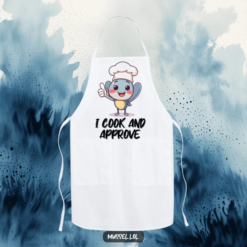 Funny smiling mussel character wearing a tiny chef hat, giving a confident thumbs up, a practical and humorous apron.