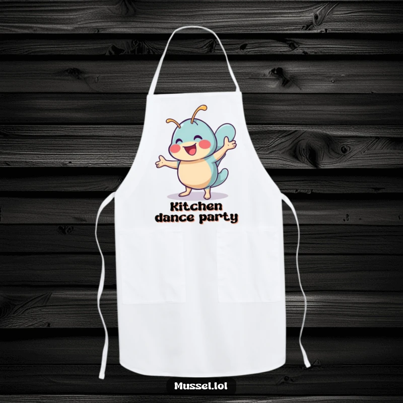 Funny kitchen apron with a cheerful mussel character doing a lively shimmy dance, ideal for chefs who enjoy energetic humor.