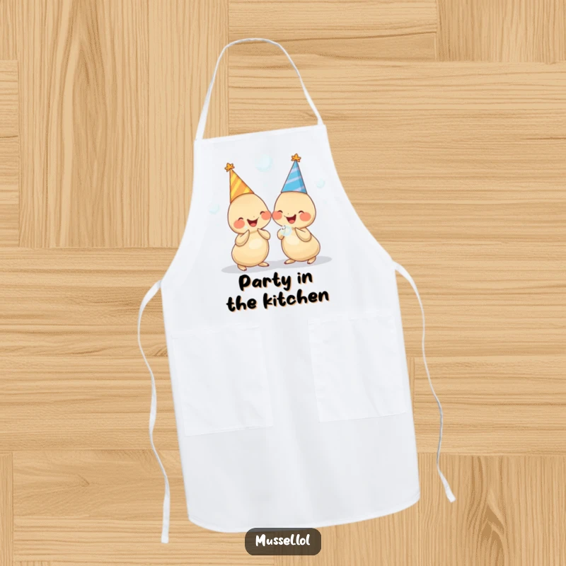 Funny apron showing two chubby mussels wearing party hats, holding bubbles and giggling, perfect for a festive kitchen setting.