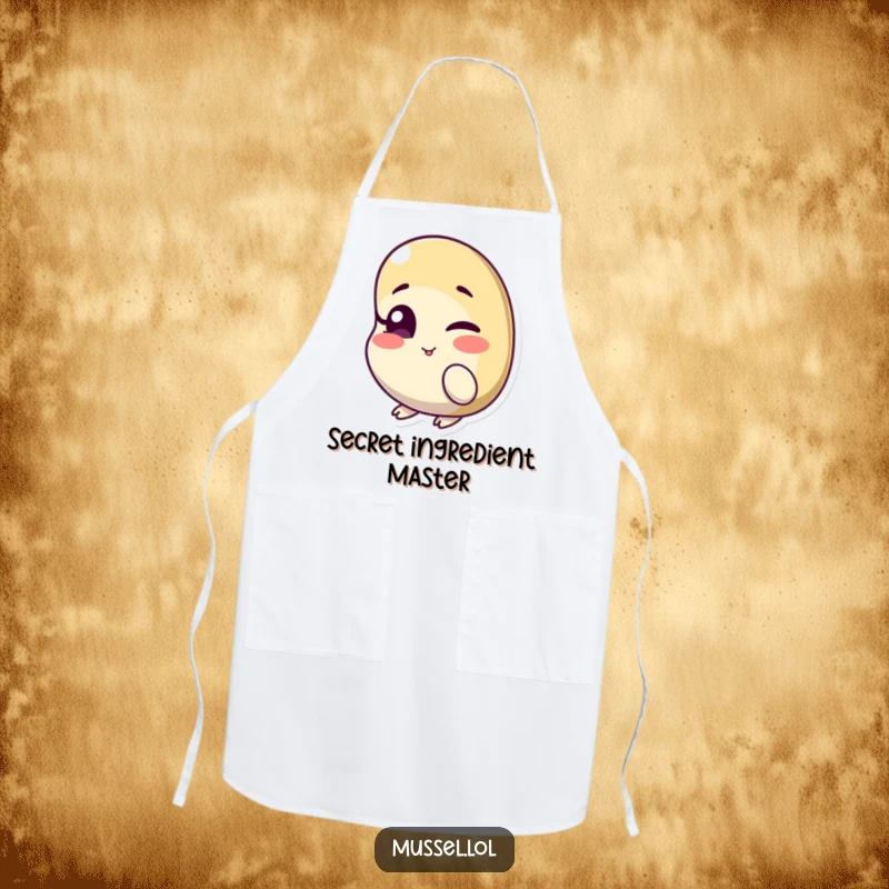 Funny kitchen apron with a mussel character winking with one eye slightly ajar, ideal for chefs who enjoy playful humor.