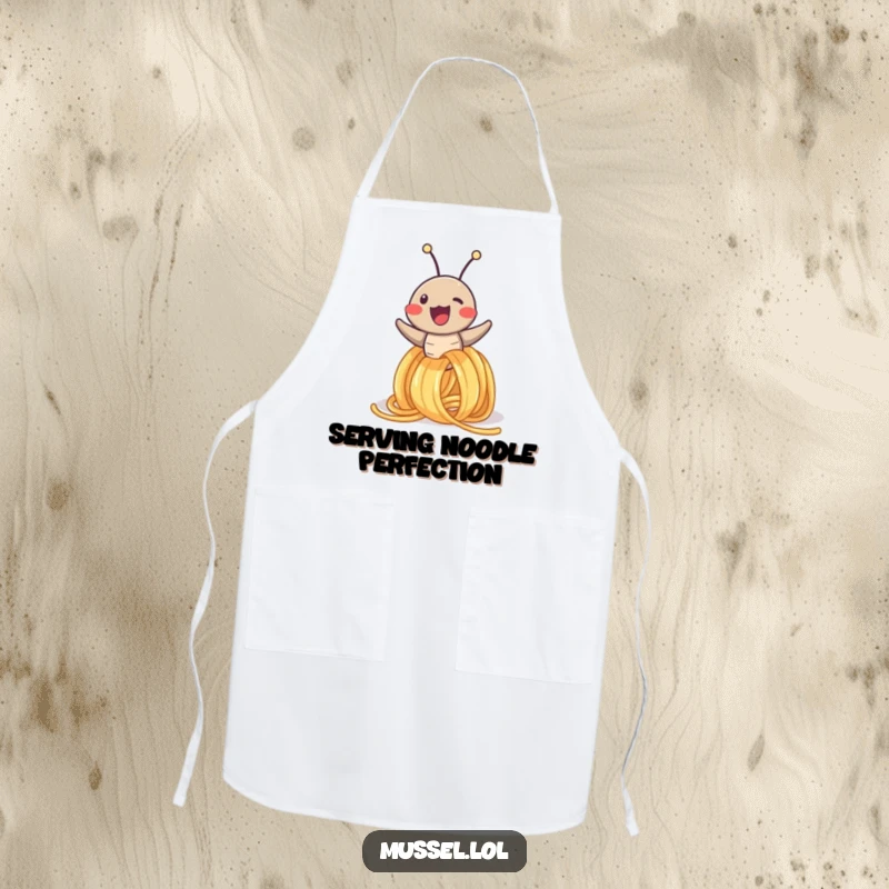 Funny apron showing a cheerful mussel character confidently sliding down a spaghetti noodle, ready for a culinary adventure in the kitchen.