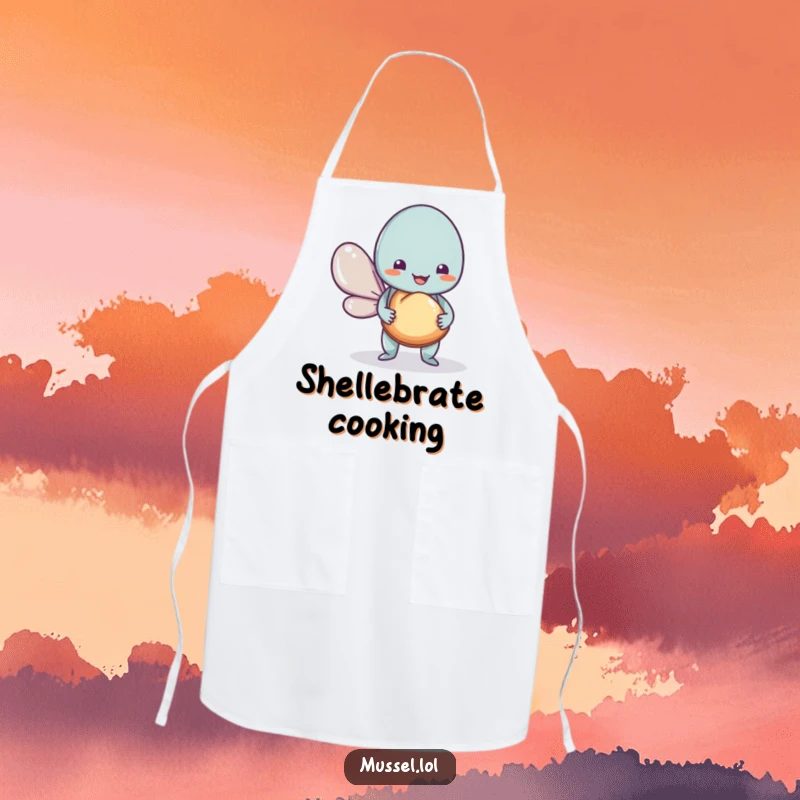 Funny Mussel Apron showing a friendly mussel character sharing a shell, ideal for humorous and functional kitchen gifts.