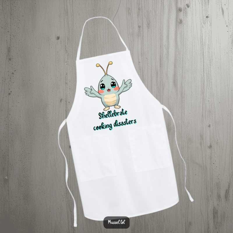 Funny cooking apron featuring a surprised mussel character, arms wide in a comical expression of shock, practical kitchen wear.