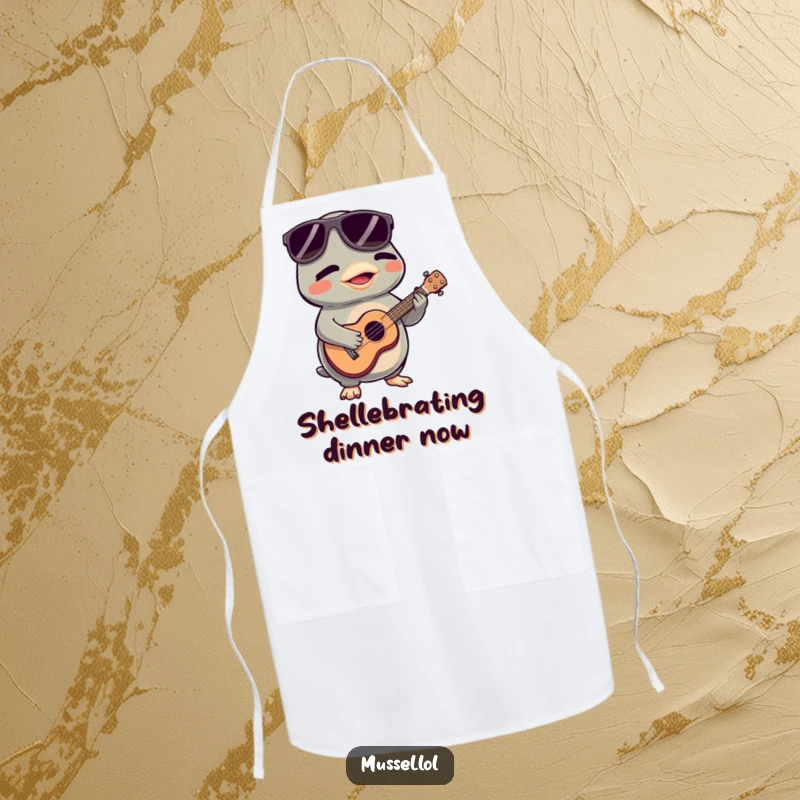 Funny Mussel Apron: A cool mussel character with sunglasses plays a tiny ukulele, adding musical humor to cooking adventures.