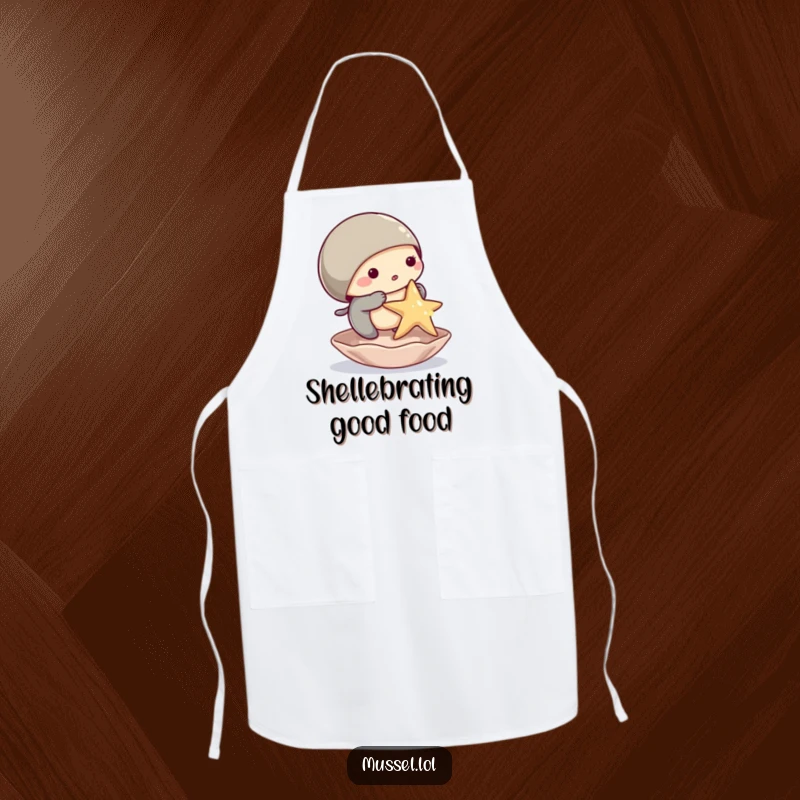 Funny mussel apron showing a mussel character precariously balancing a small starfish on its shell, perfect for kitchen amusement.