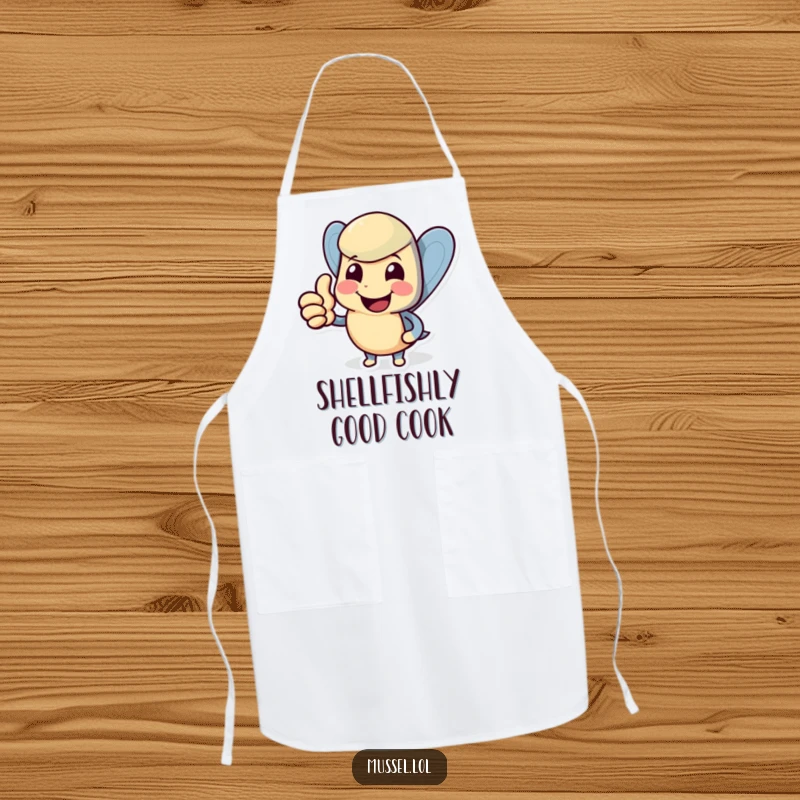 Funny mussel apron featuring a smiling character giving a thumbs up, ideal for kitchen fun and protection.