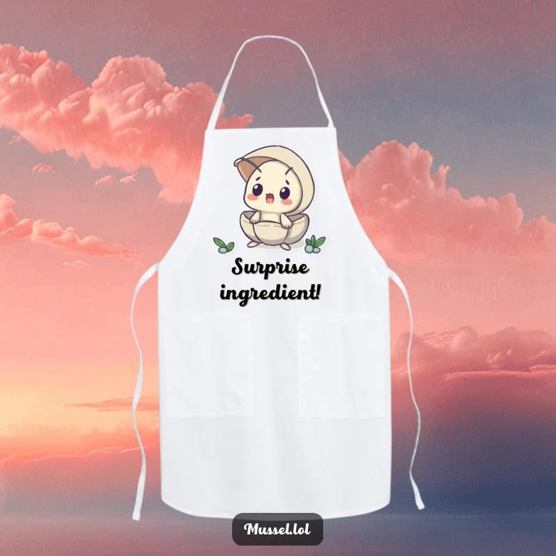 Funny apron showing a mussel peeking from its shell in surprise, perfect for a humorous and practical kitchen statement.