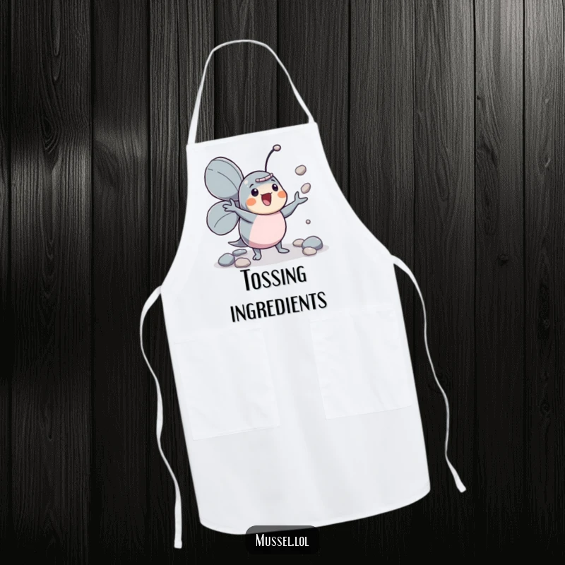 Funny mussel character juggler apron, enthusiastically juggling pebbles, ready for kitchen fun.