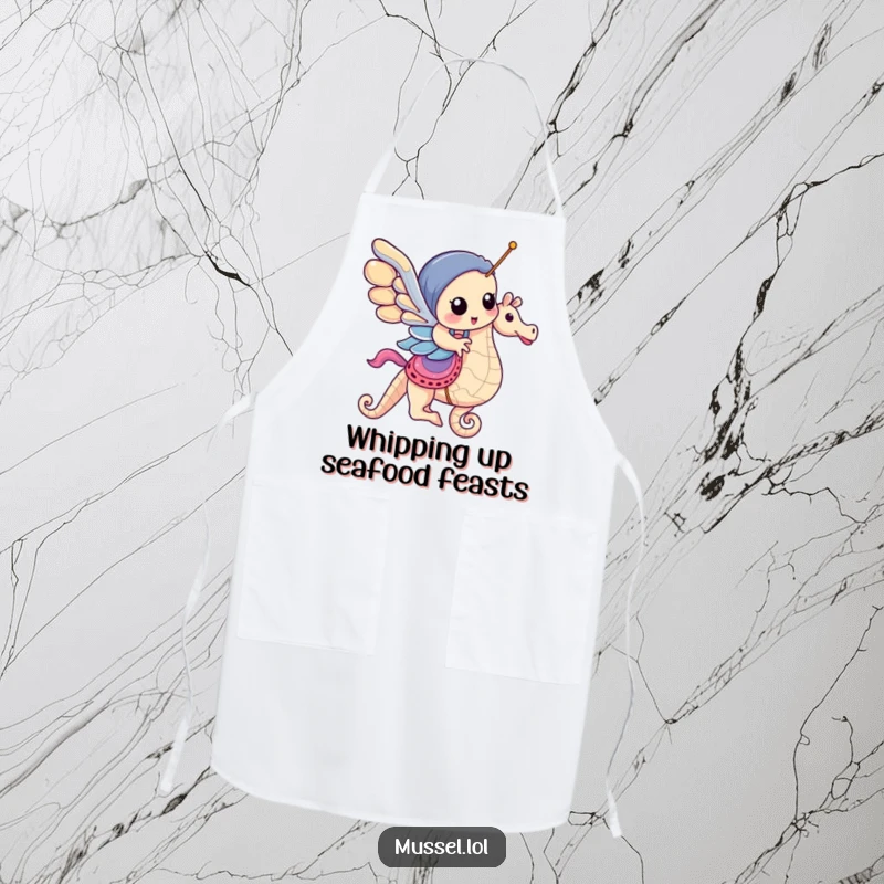 Funny Mussel Apron: Features a mussel riding a carousel seahorse, a charming and funny design for kitchen adventures.