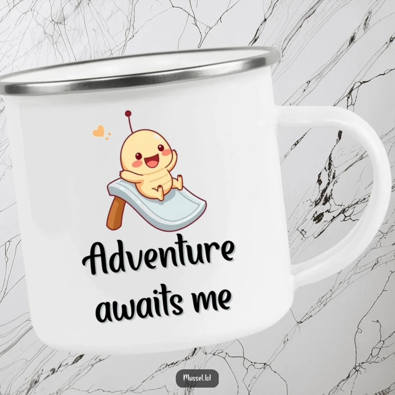 Funny mussel camping mug with a character joyfully sliding down an imaginary slide, ready for outdoor adventures.