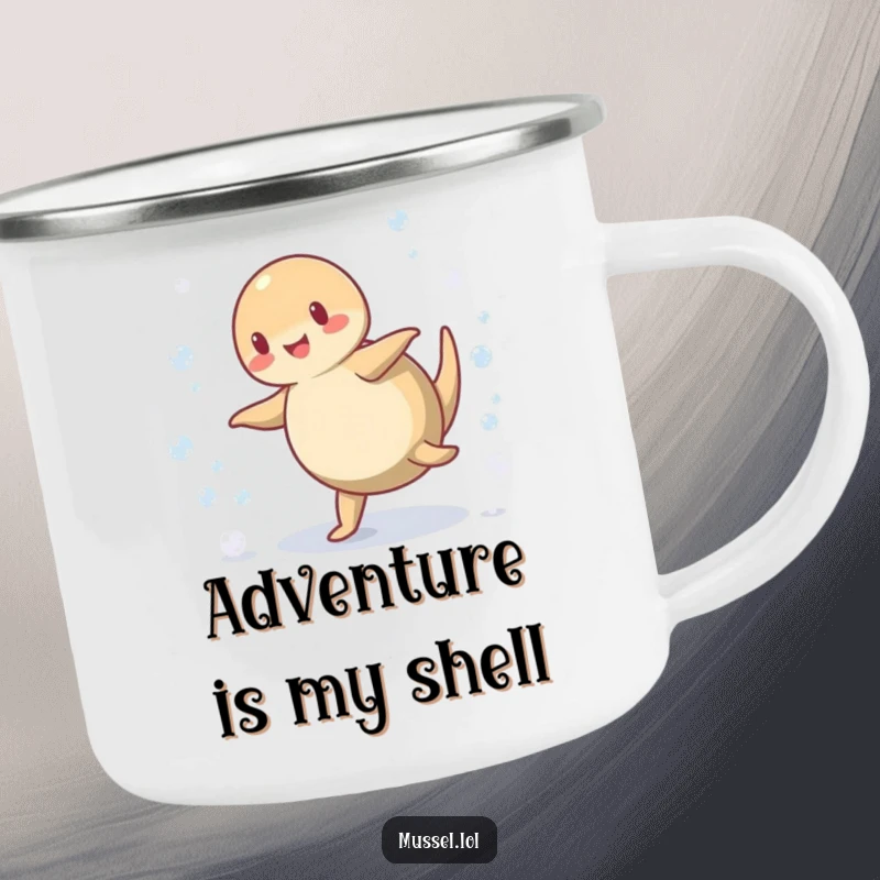 Funny Mussel Camping Mug: A cartwheeling mussel scattering bubbles, designed for outdoor enthusiasts who love a touch of funny, aquatic charm.